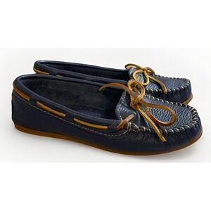 Minnetonka Navy Blue Leather Boat Moc Slip On Shoes Women's Size 5.5 Hard Sole